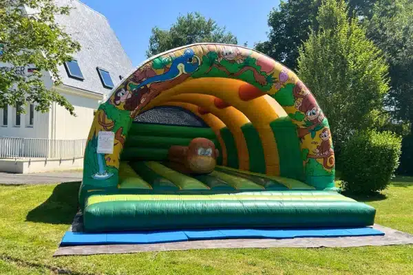 Jeu gonflable sur le thème de la jungle avec un singe au centre. La structure est installée dans un jardin et dispose d'un tapis pour se déchausser.